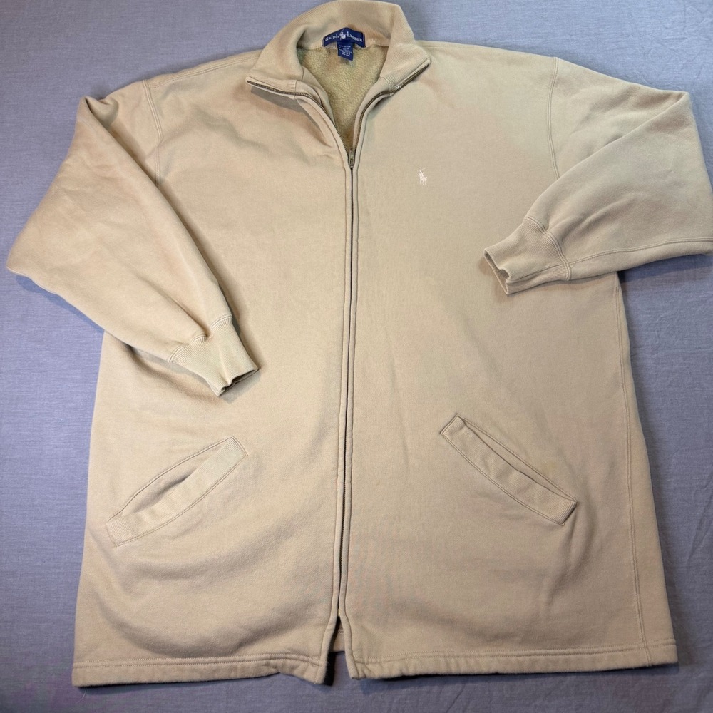 Ralph Lauren Full Zip Sweatshirt Mens M Tan Fleece Lined Mock Neck Jacket
